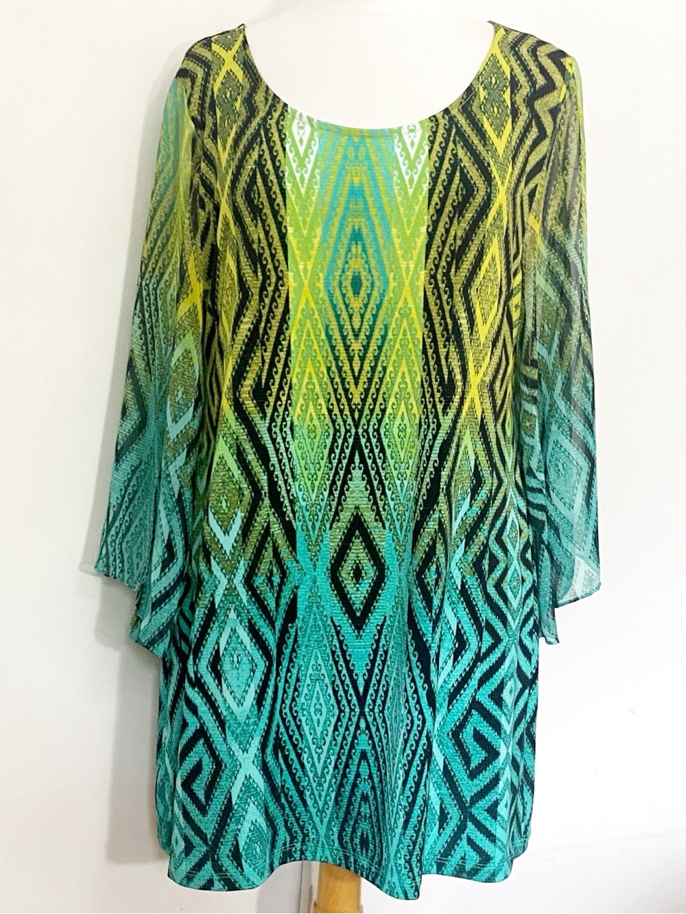 Style & Co. Green Ombre Geometric Print Opaque Body, Sheer Sleeves Dress L